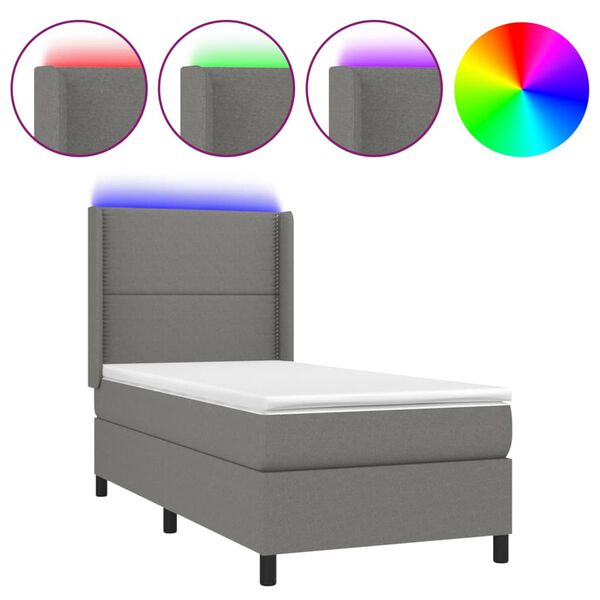 vidaXL Cama box spring colch&oacute;n y luces LED tela gris oscuro 90x190 cm
