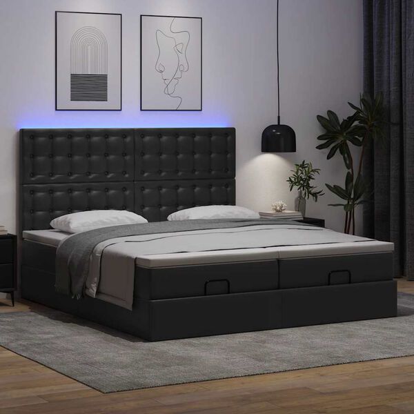 vidaXL Cama otomana colch&oacute;n y LED cuero sint&eacute;tico negro 180x200 cm