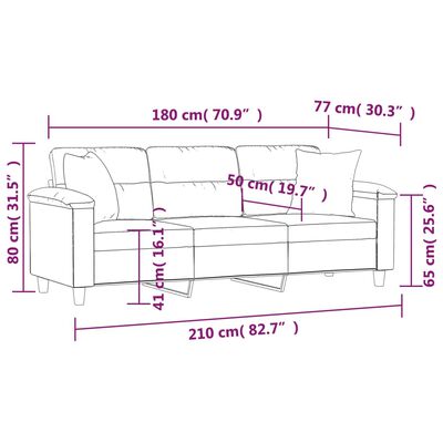 vidaXL Sofá 3 plazas almohadas y cojines microfibra crema 180 cm