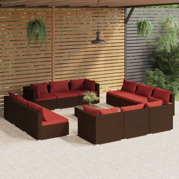 vidaXL Set muebles de jard&iacute;n 13 pzas y cojines rat&aacute;n sint&eacute;tico marr&oacute;n
