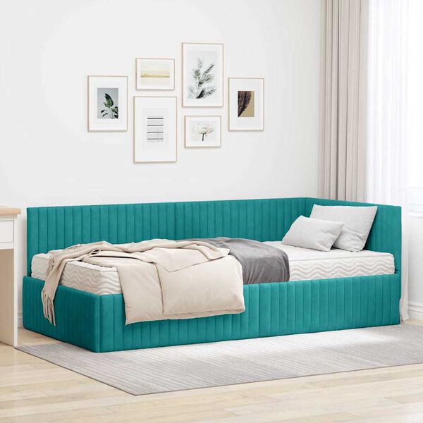 vidaXL Estructura de Cama Esquina con Colch&oacute;n 2 pcs Tuquesa Terciopelo