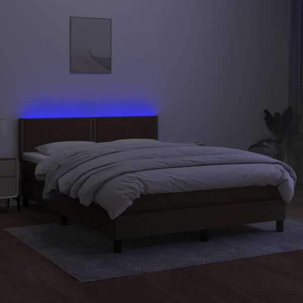 vidaXL Cama box spring colch&oacute;n luces LED tela marr&oacute;n oscuro 140x190 cm