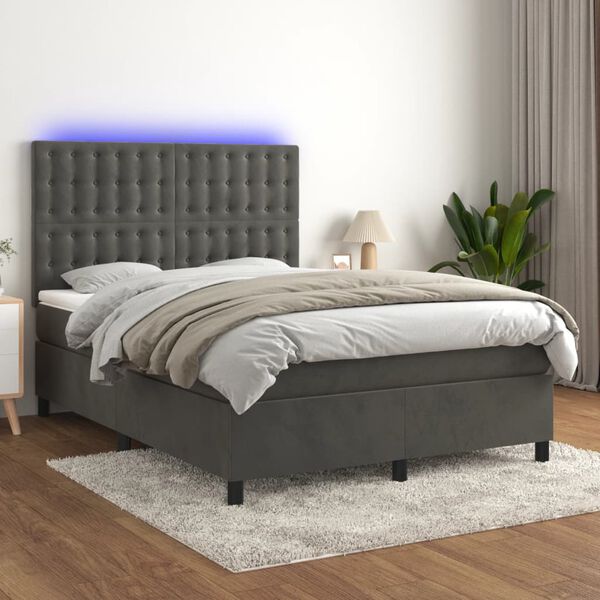 vidaXL Cama box spring colch&oacute;n y LED terciopelo gris oscuro 140x200 cm