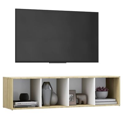 vidaXL Mueble TV madera contrachapada blanco y roble 142,5x35x36,5 cm
