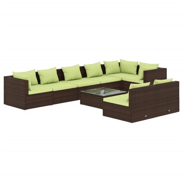 vidaXL Set muebles de jard&iacute;n 9 piezas y cojines rat&aacute;n sint&eacute;tico marr&oacute;n