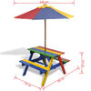 vidaXL Mesa de picnic y bancos de ni&ntilde;os y sombrilla madera multicolor