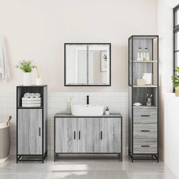 vidaXL Set de muebles de ba&ntilde;o 3 pzas madera contrachapada gris sonoma