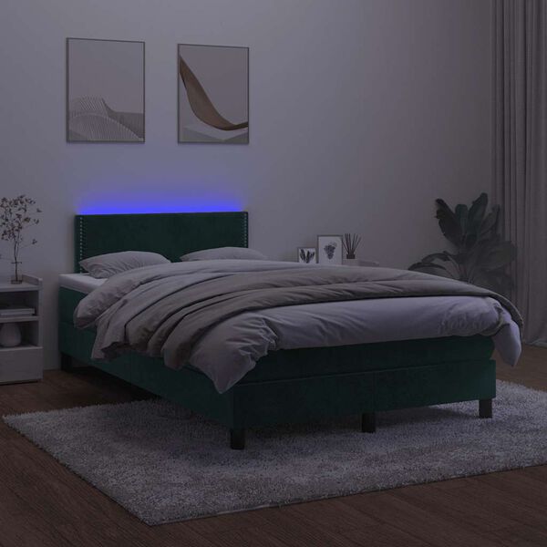 vidaXL Cama box spring colch&oacute;n y LED terciopelo verde oscuro 120x200cm
