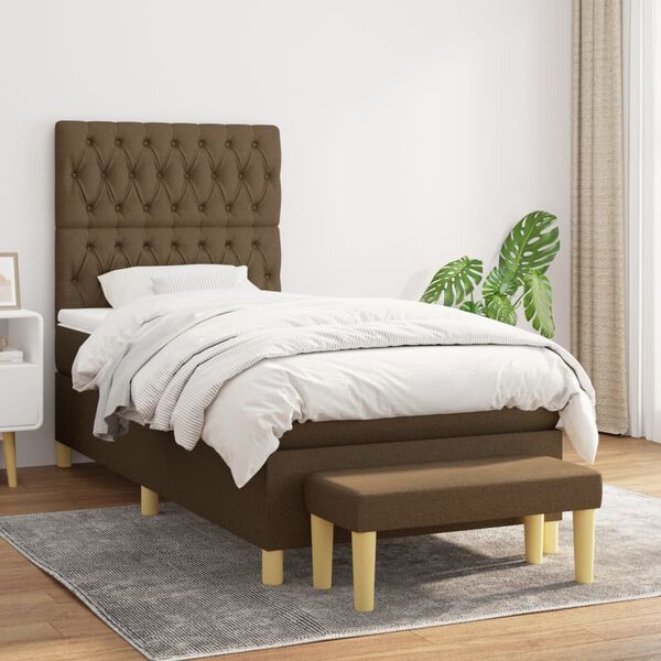 vidaXL Cama box spring con colch&oacute;n tela marr&oacute;n oscuro 90x200 cm