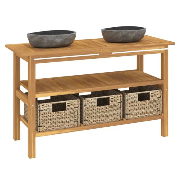 vidaXL Tocador de baño con lavabos piedra de río madera maciza de teca