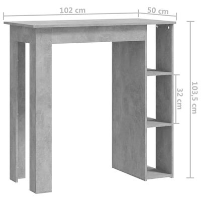 vidaXL Mesa bar con estante contrachapada gris hormigón 102x50x103,5cm