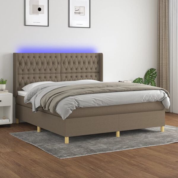 vidaXL Cama box spring colch&oacute;n y luces LED tela gris taupe 180x200 cm