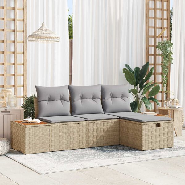vidaXL Conjunto de sof&aacute; de jard&iacute;n 4 pcs Beige rat&aacute;n sint&eacute;tico