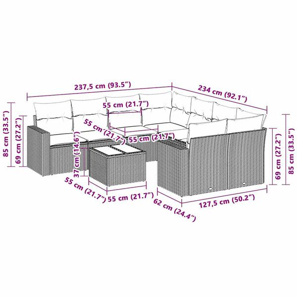 vidaXL Set de sof&aacute; de jard&iacute;n 3 pzas y cojines rat&aacute;n sint&eacute;tico gris
