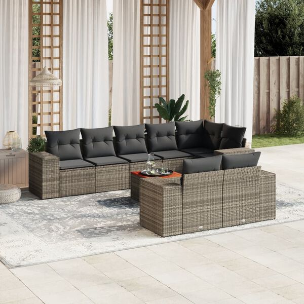 vidaXL Set de muebles de jard&iacute;n 9 pzas y cojines rat&aacute;n sint&eacute;tico gris