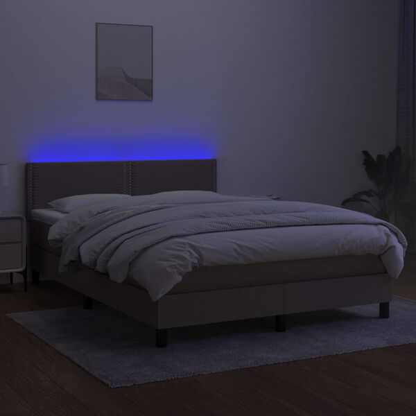vidaXL Cama box spring colch&oacute;n y luces LED tela gris taupe 140x200 cm