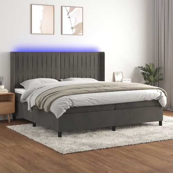 vidaXL Cama box spring colch&oacute;n y LED terciopelo gris oscuro 200x200 cm