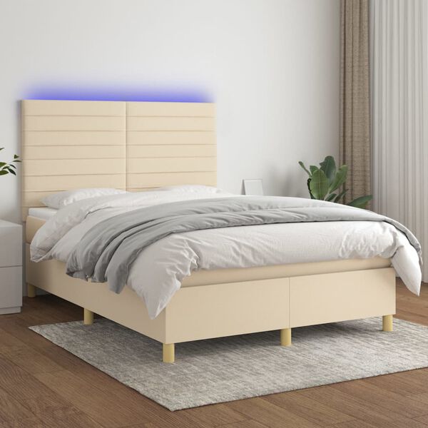 vidaXL Cama box spring colch&oacute;n y luces LED tela crema 140x190 cm