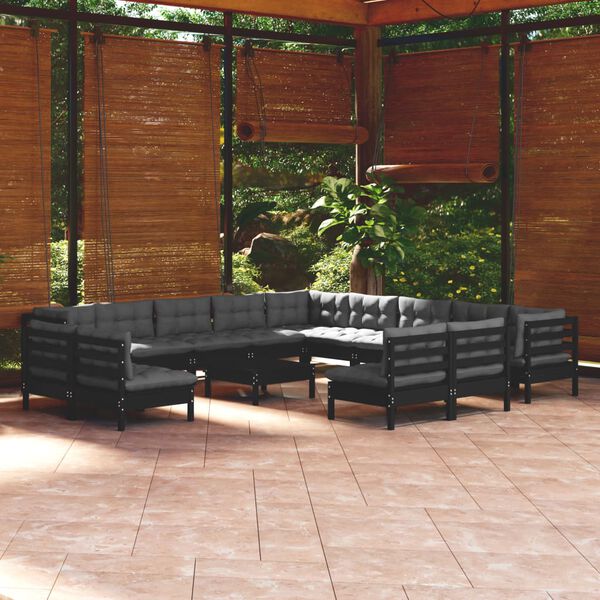 vidaXL Muebles de jardín 14 pzas con cojines negro madera maciza pino