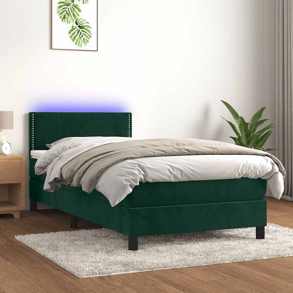 vidaXL Cama box spring colch&oacute;n y LED terciopelo verde oscuro 100x200cm
