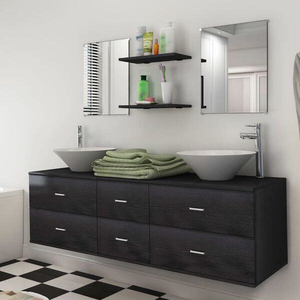 vidaXL Conjunto de muebles de baño con lavabo y grifo 9 piezas negro