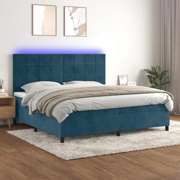 vidaXL Cama box spring colch&oacute;n y LED terciopelo azul oscuro 200x200 cm