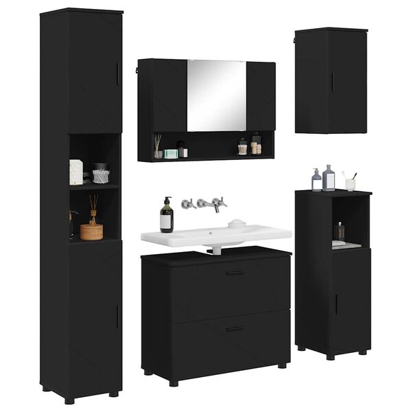 vidaXL Juego de muebles de ba&ntilde;o 5 pcs Negro Madera engineered y metal