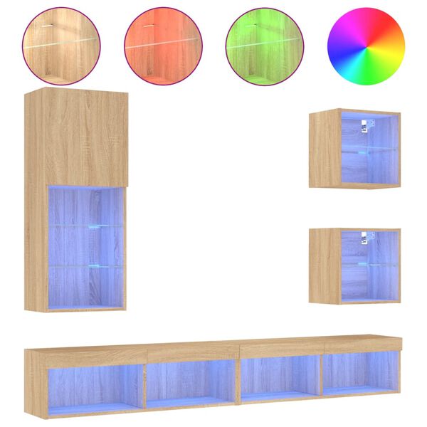 vidaXL Muebles TV pared con LED 5 pzas madera ingenier&iacute;a roble Sonoma