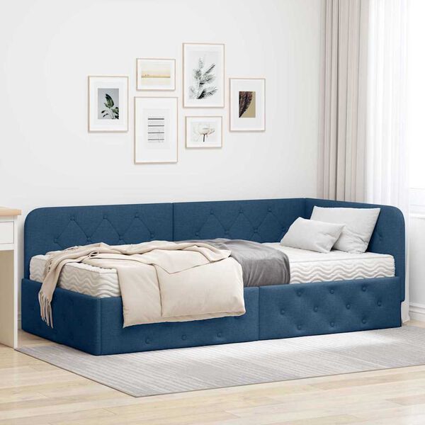vidaXL Estructura de cama en esquina con colch&oacute;n Azul 90 x 190 cm tela