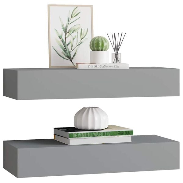 vidaXL Estantes de pared con cajón 2 uds MDF gris 60x23,5x10 cm