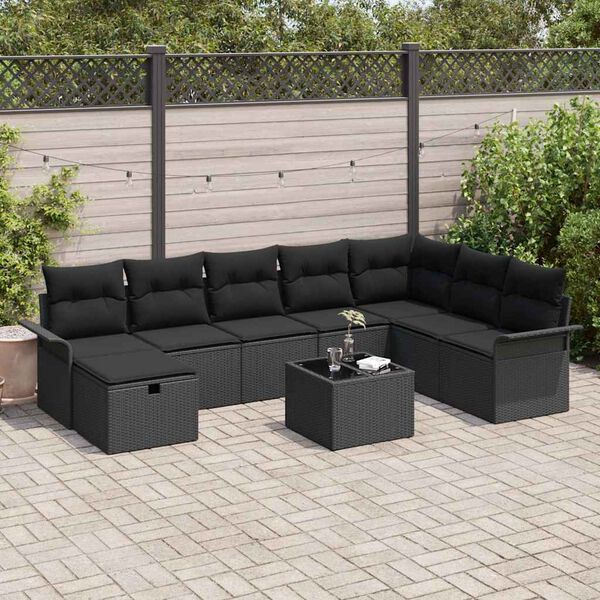 vidaXL Conjunto de sof&aacute; de jard&iacute;n con coj&iacute;n 9 pcs Negro Polirat&aacute;n