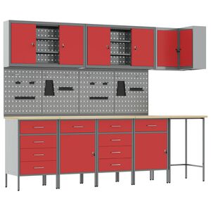 vidaXL Conjunto de armarios de trabajo con caj&oacute;n 12 pcs Rojo y Gris