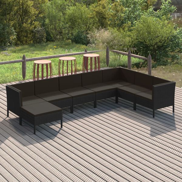 vidaXL Set de muebles de jard&iacute;n 8 pzas y cojines rat&aacute;n sint&eacute;tico negro