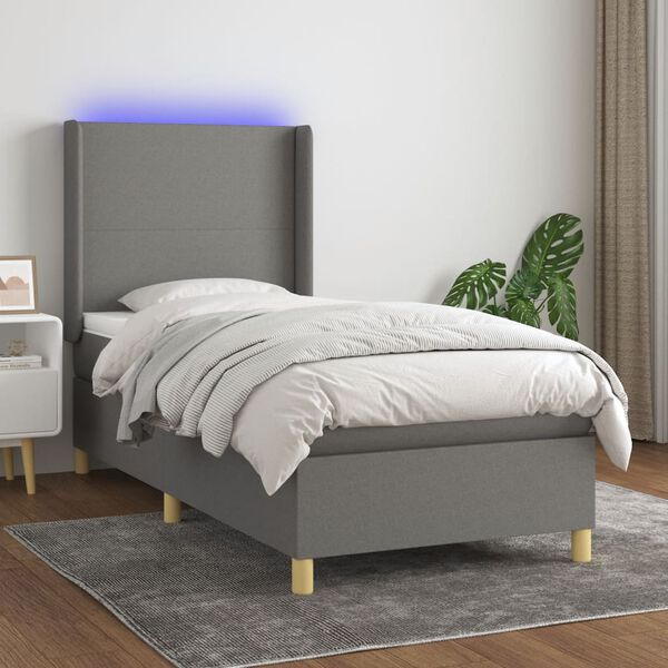 vidaXL Cama box spring colch&oacute;n y luces LED tela gris oscuro 100x200 cm