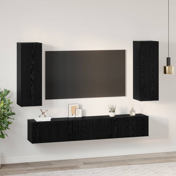 vidaXL Conjunto de mueble de TV 5 pcs Roble Negro Madera de ingenier&iacute;a