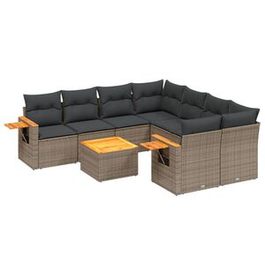 vidaXL Set de muebles de jard&iacute;n 9 pzas y cojines rat&aacute;n sint&eacute;tico gris