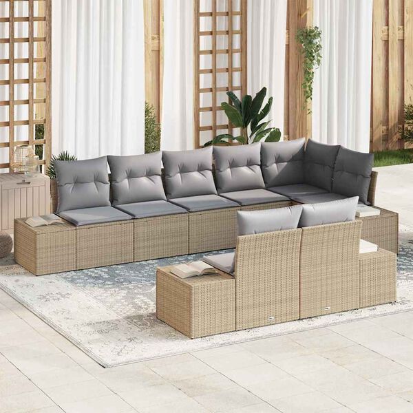 vidaXL Conjunto de sof&aacute; de jard&iacute;n 8 pcs Beige y gris rat&aacute;n sint&eacute;tico