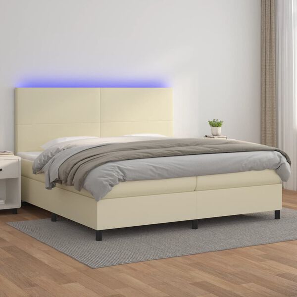 vidaXL Cama box spring colch&oacute;n y LED cuero sint&eacute;tico crema 200x200 cm