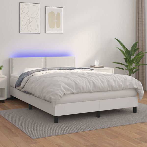 vidaXL Cama box spring colch&oacute;n y LED cuero sint&eacute;tico blanco 140x200 cm
