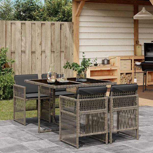 vidaXL Set comedor de jard&iacute;n 5 piezas con cojines rat&aacute;n sint&eacute;tico gris