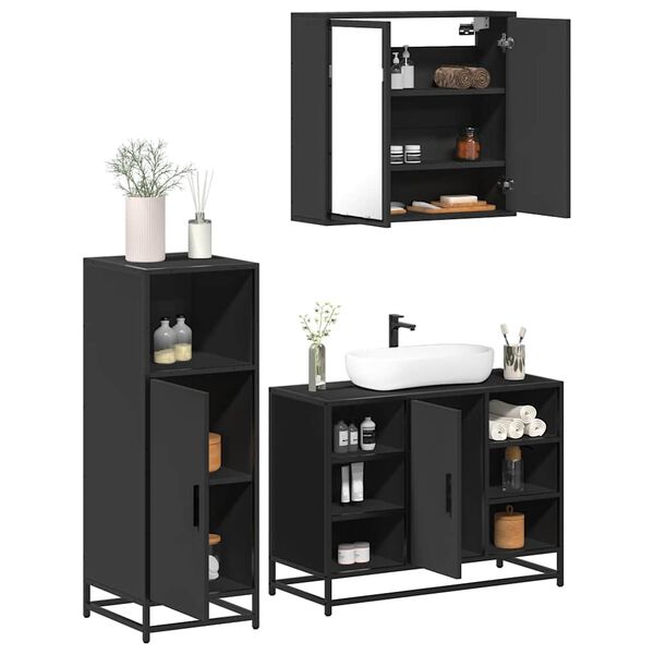 vidaXL Juego de muebles de ba&ntilde;o 3 pzas madera contrachapada negro