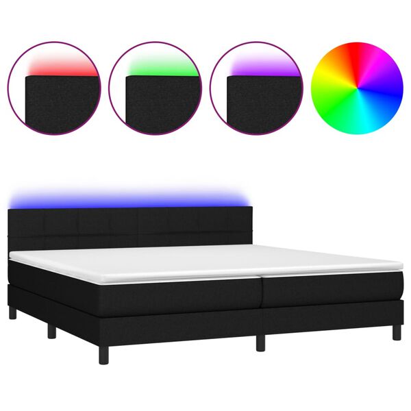 vidaXL Cama box spring colch&oacute;n y luces LED tela negro 200x200 cm