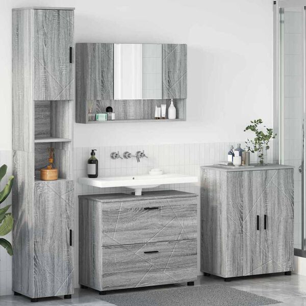 vidaXL Juego de muebles de ba&ntilde;o con caj&oacute;n con puerta 4 pcs Gris Sonoma