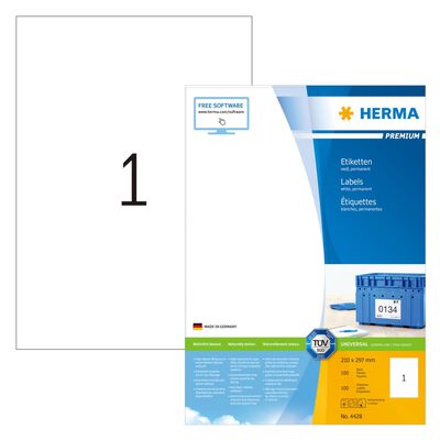 HERMA Etiquetas permanentes PREMIUM 100 hojas A4 210x297 mm—