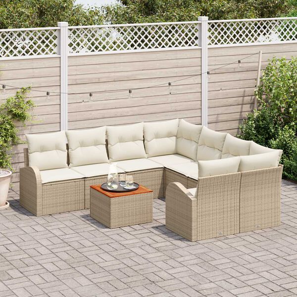 vidaXL Conjunto de sof&aacute;s de jard&iacute;n 9 pcs Beige y Crema rat&aacute;n sint&eacute;tico