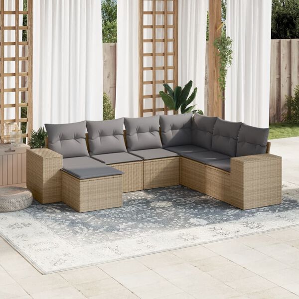 vidaXL Set sof&aacute;s de jard&iacute;n 7 piezas y cojines rat&aacute;n sint&eacute;tico beige