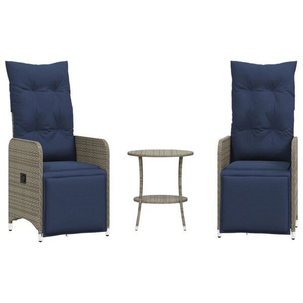 vidaXL Sillas de jard&iacute;n reclinables (2 unidades, con mesa), rat&aacute;n sint&eacute;tico gris