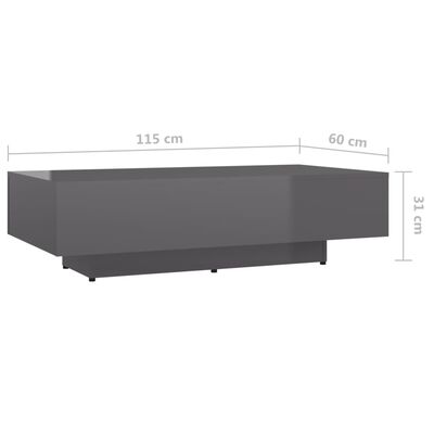 vidaXL Mesa de centro madera contrachapada gris brillante 115x60x31 cm
