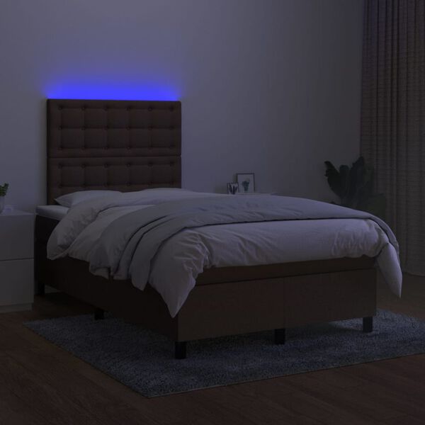 vidaXL Cama box spring con colch&oacute;n y LED tela marr&oacute;n oscuro 120x200 cm