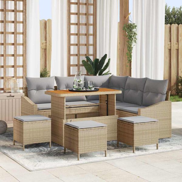 vidaXL Conjunto de sof&aacute;s de jard&iacute;n con coj&iacute;n 9 pcs Beige Polirat&aacute;n
